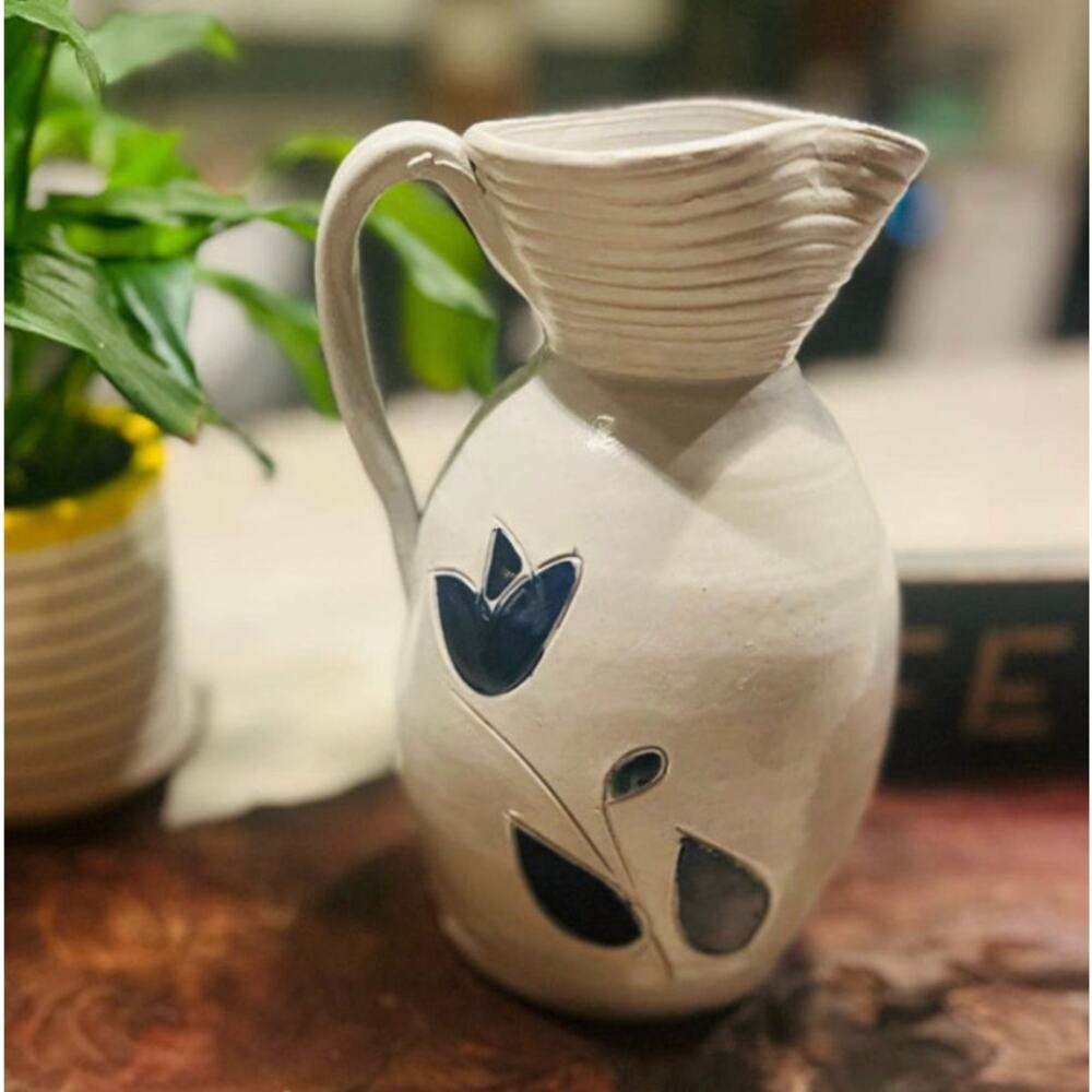 Williamsburg Pottery Salt Glazed Stoneware Handled Pitcher with Blue Flower